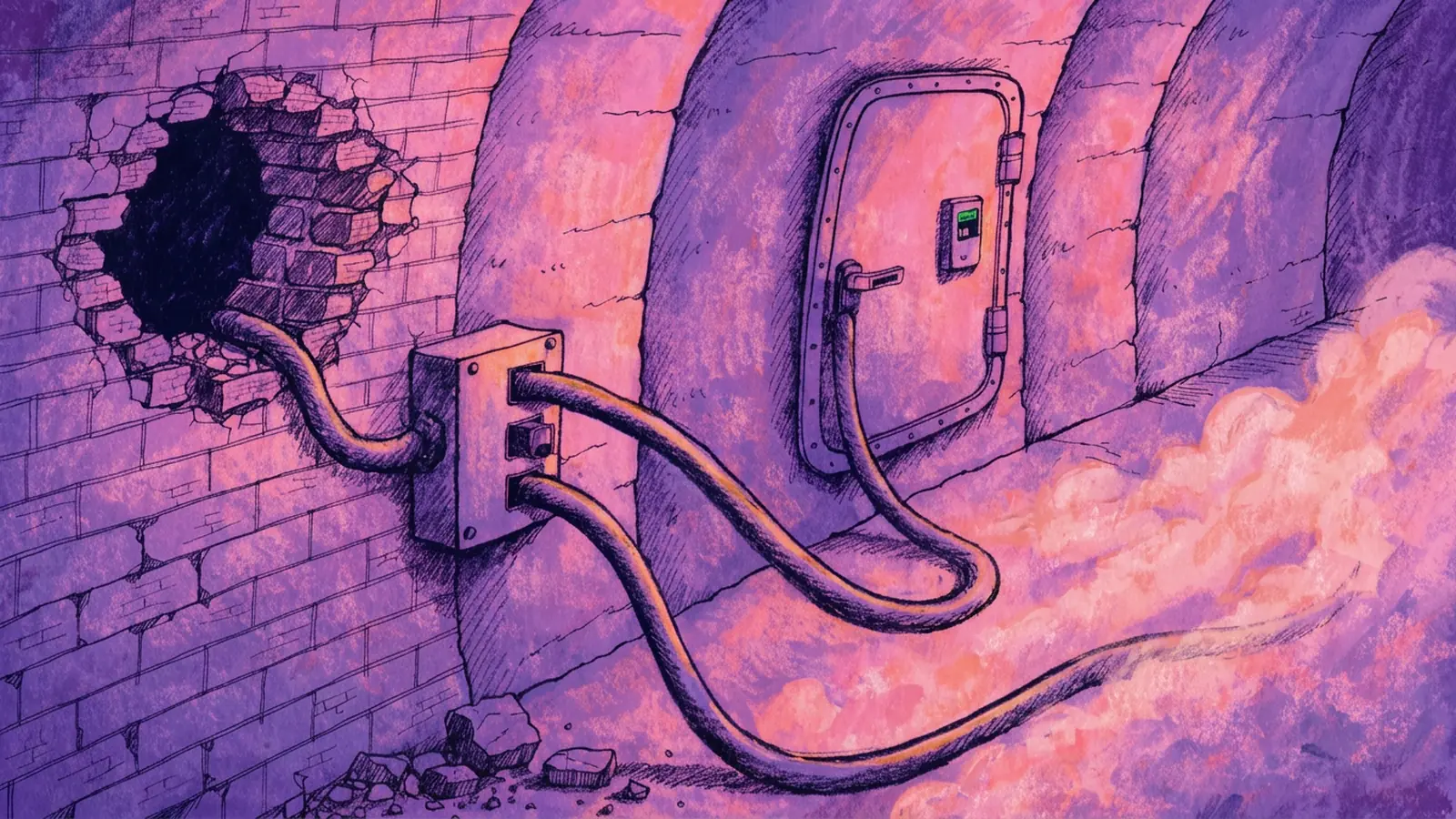 A brick tunnel where three cables leave one junction box: one ends at a hole smashed through the wall, one at an intact door with a lit badge reader, and one disappears into fog.
