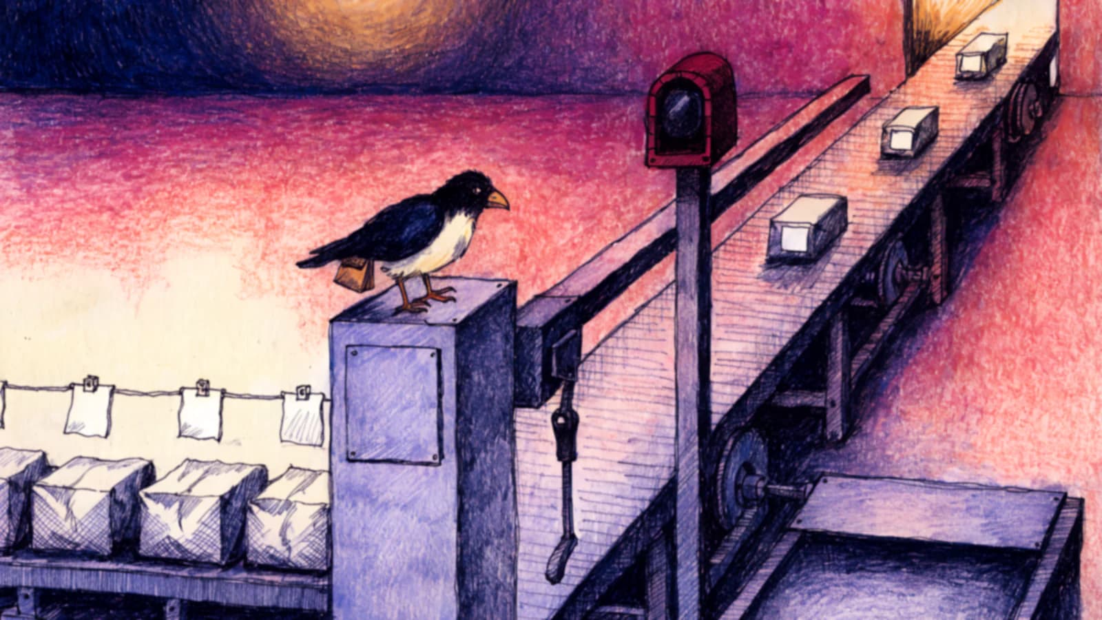 A barrier arm stands raised, its signal lamp dark and its lever untouched, while a small bird at the console watches two parcels already past it. A separate lane waits under blank dockets.