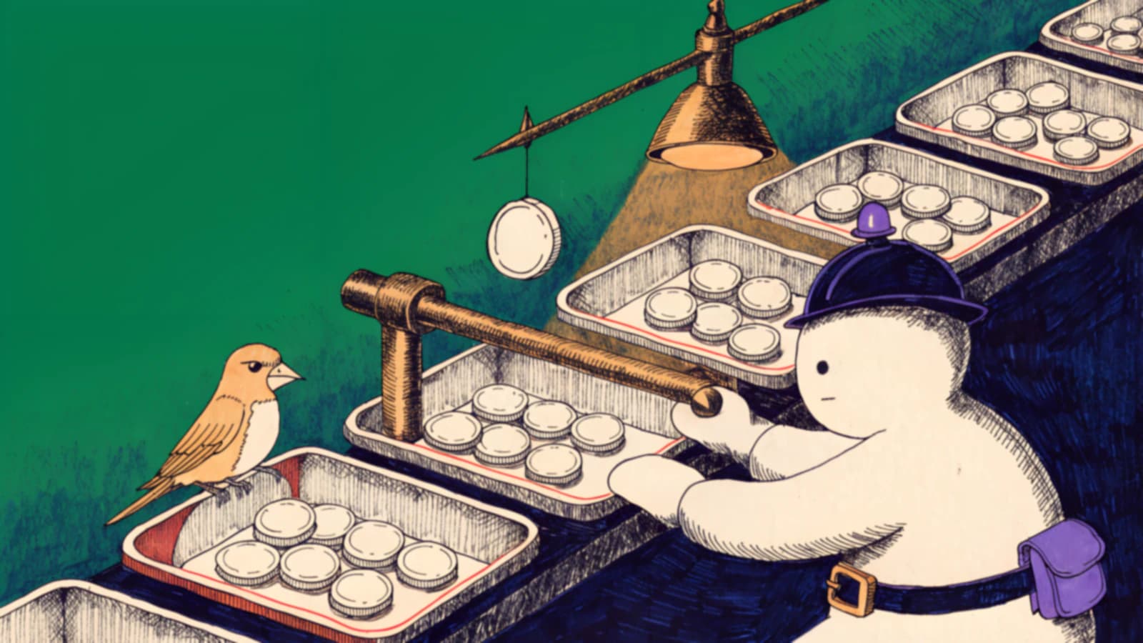 A brass gate arm is lowered across a sorting bench, holding one tray of identical blank tokens while the rest have passed. A canary perches on the held tray; an inspector works the lever.