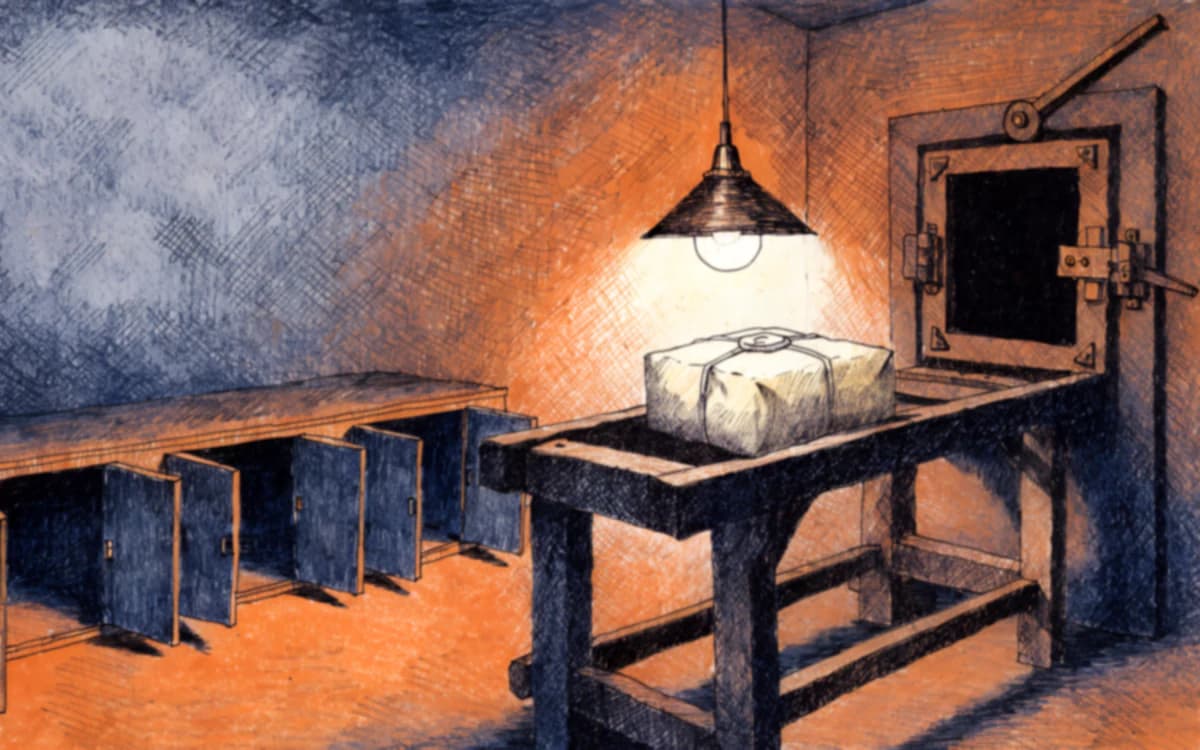 A dispatch room at night: a corded parcel with an unstruck seal waits on a workbench under one hanging lamp, beside a closed iron dispatch hatch, with a run of small cabinet doors standing open along the left wall.