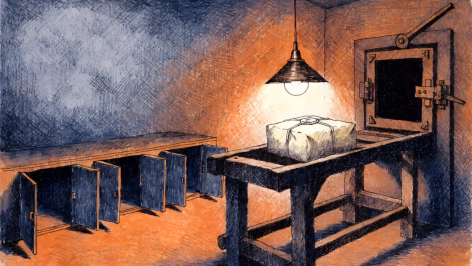 A dispatch room at night: a corded parcel with an unstruck seal waits on a workbench under one hanging lamp, beside a closed iron dispatch hatch, with a run of small cabinet doors standing open along the left wall.