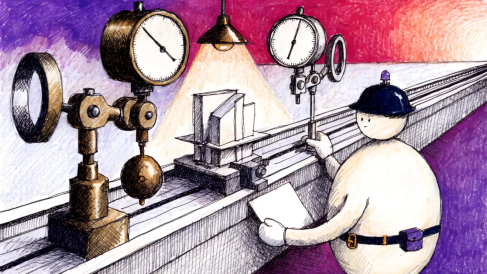 One clamped paper maquette stands between two differently built measuring rigs, their blank dials resting at plainly different angles, while an inspector steadies the finer arm under a single lamp.