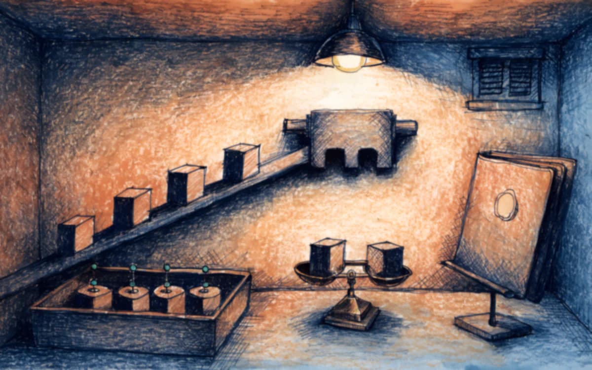 A short stub rail carrying five blocks runs down into a three-way sorting head under one lamp; below it an open tray of tokens on wires, a tipped balance beam, and a single closed folder standing on a stand.