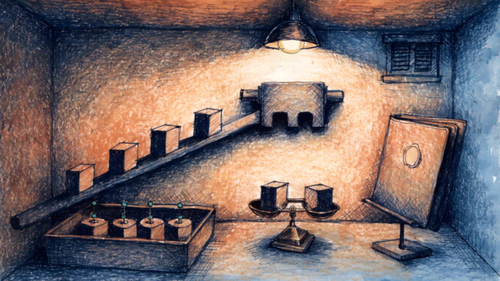 A short stub rail carrying five blocks runs down into a three-way sorting head under one lamp; below it an open tray of tokens on wires, a tipped balance beam, and a single closed folder standing on a stand.