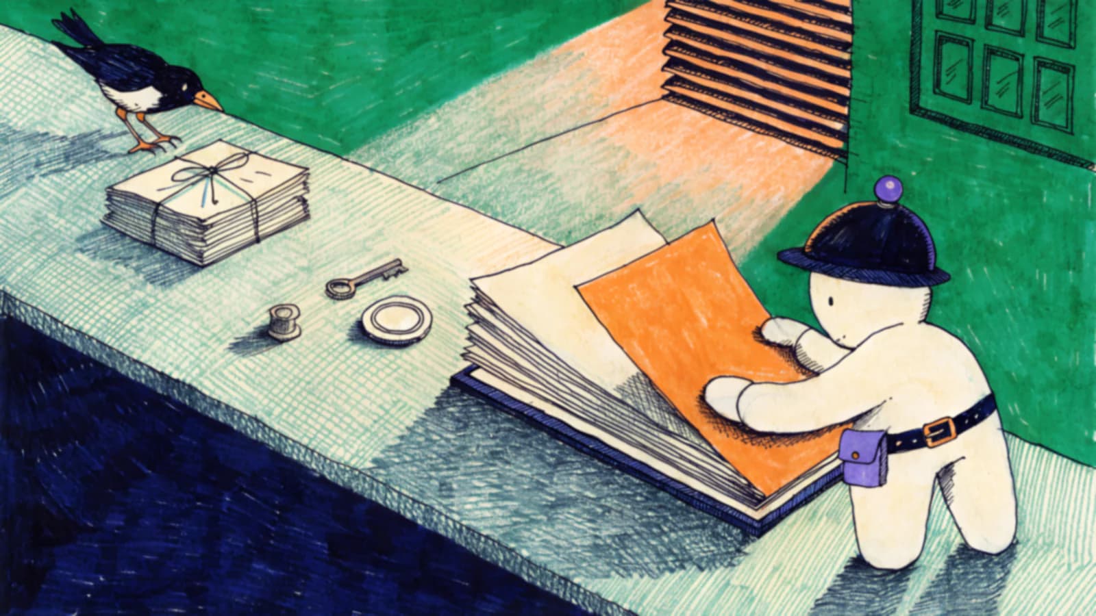 An inspector slides an amber sheet down into the middle of a fanned stack of pale sheets in an open folder, in plain sight, while a bird sets the rest of the record down beside a blank seal.