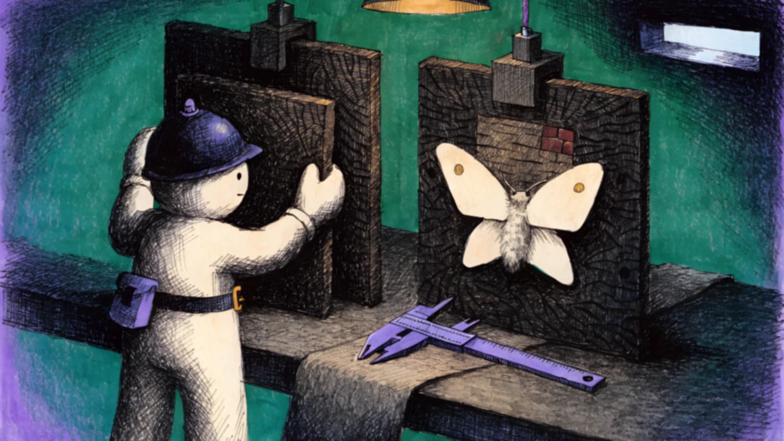 Two identical tooled plates stand in facing clamps under one lamp. The right one carries a small patch of newer inlay where a moth has settled; an inspector holds the original against it.