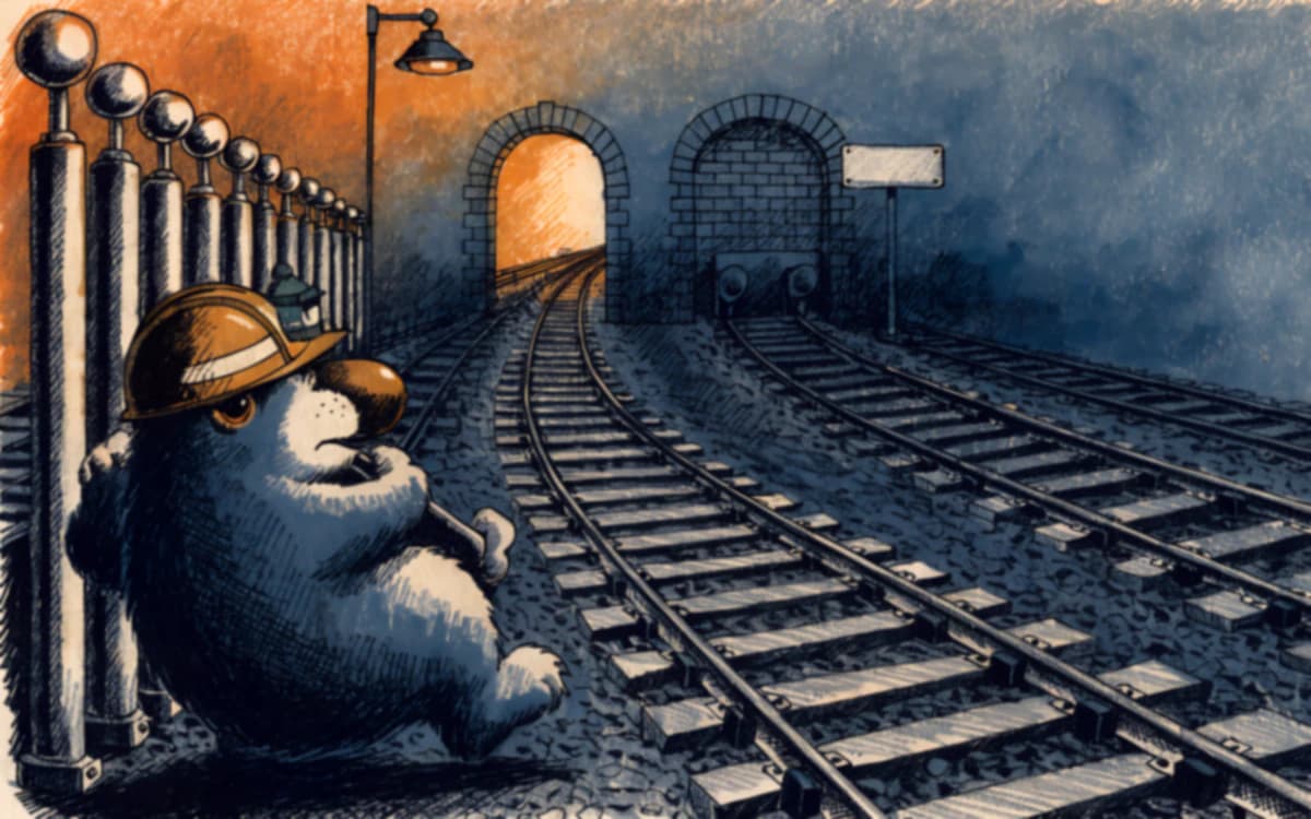 A switching yard from a low bridge: a mole leans back on one signal lever while one rail runs clean into a lit arch, another loops through extra points to reach it, and a third stops at a bricked-up arch.