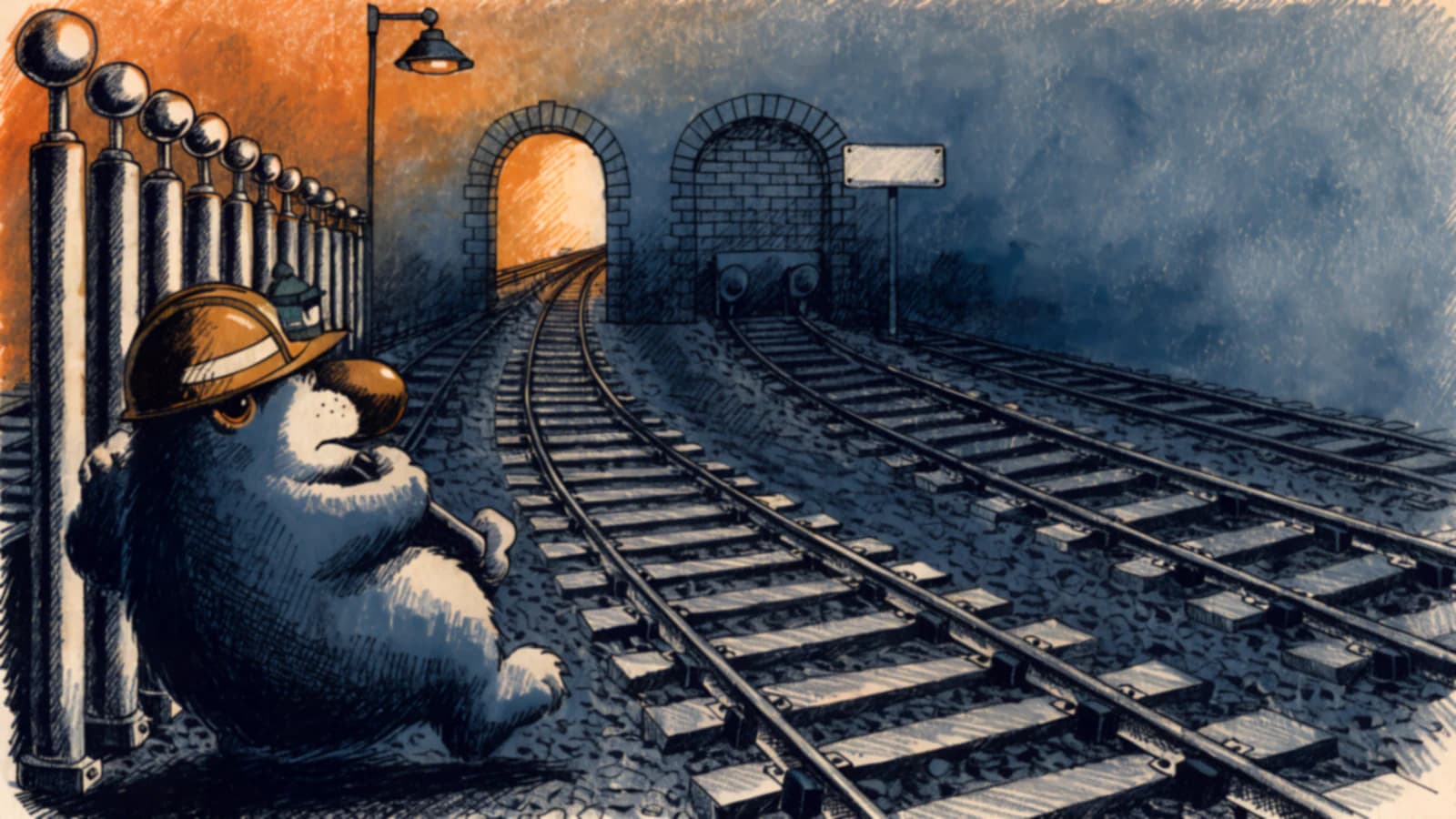 A switching yard from a low bridge: a mole leans back on one signal lever while one rail runs clean into a lit arch, another loops through extra points to reach it, and a third stops at a bricked-up arch.