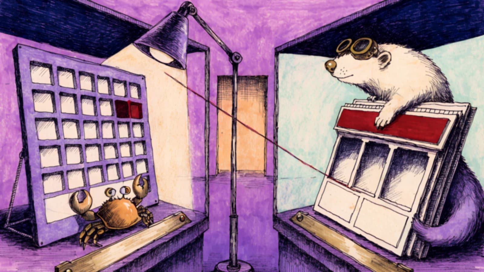 In two facing cases, a crab holds a slotted plate to a lamp while a ferret traces a model shopfront's fascia. One slot and one board are picked out in red, joined by a thread both are watching.