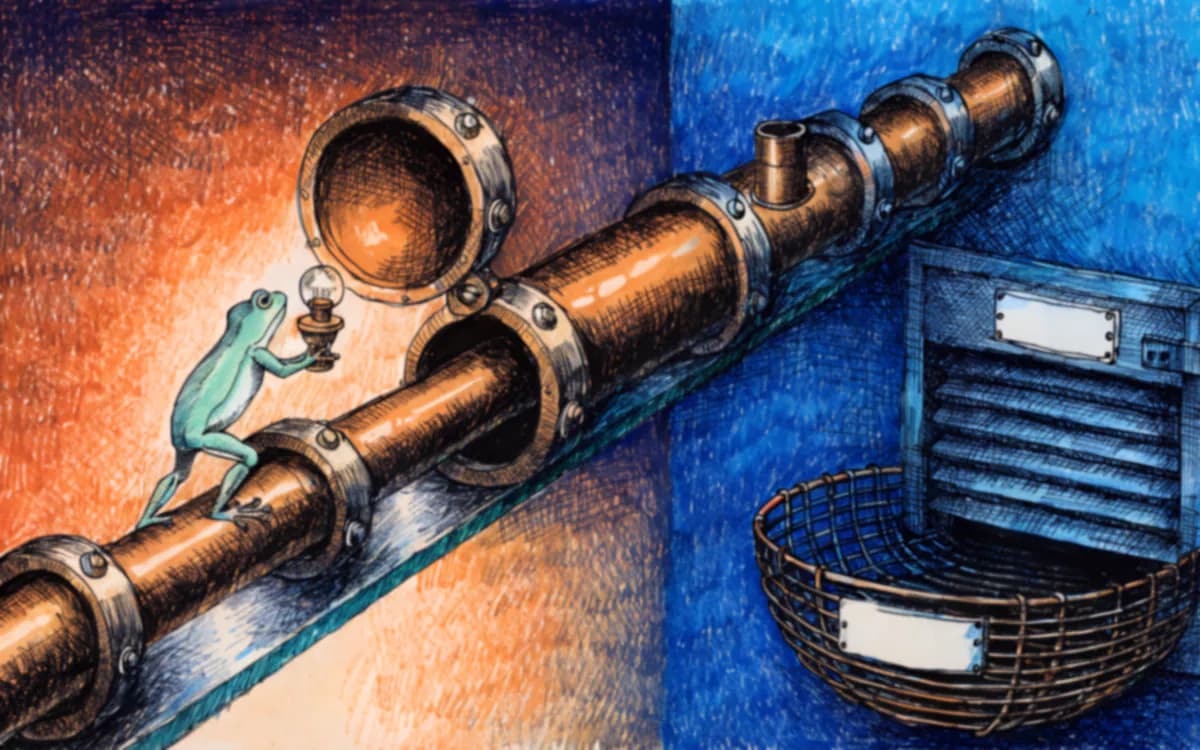 A brass tube runs diagonally through riveted junction collars, one hinged open and empty. A frog holds a lamp to one collar; below, an empty basket waits under a receiving hatch still shuttered closed.