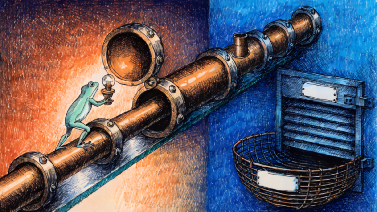 A brass tube runs diagonally through riveted junction collars, one hinged open and empty. A frog holds a lamp to one collar; below, an empty basket waits under a receiving hatch still shuttered closed.