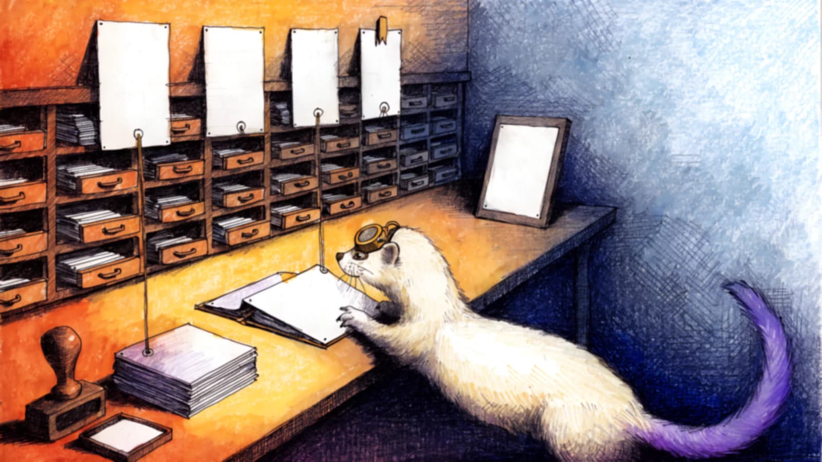 A ferret in brass goggles pins a card to an open folder at a proofing bench. On the rail above, three cards hang by cords into the drawers below; a fourth hangs from a bare hook with an amber tab.