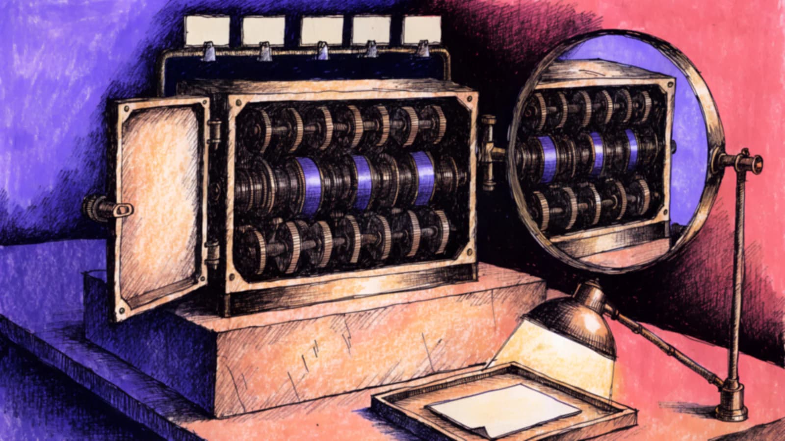 An inspection engine on a plinth, casing hinged open to show rows of lenses, with a round mirror on an arm angled so the same works repeat in the reflection; a rail of blank cards above, one card in a lit tray below.