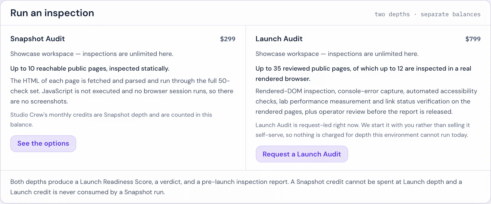 The project's audit chooser, with the Snapshot and Launch credit families kept separate: Snapshot purchasable, Launch request-led.