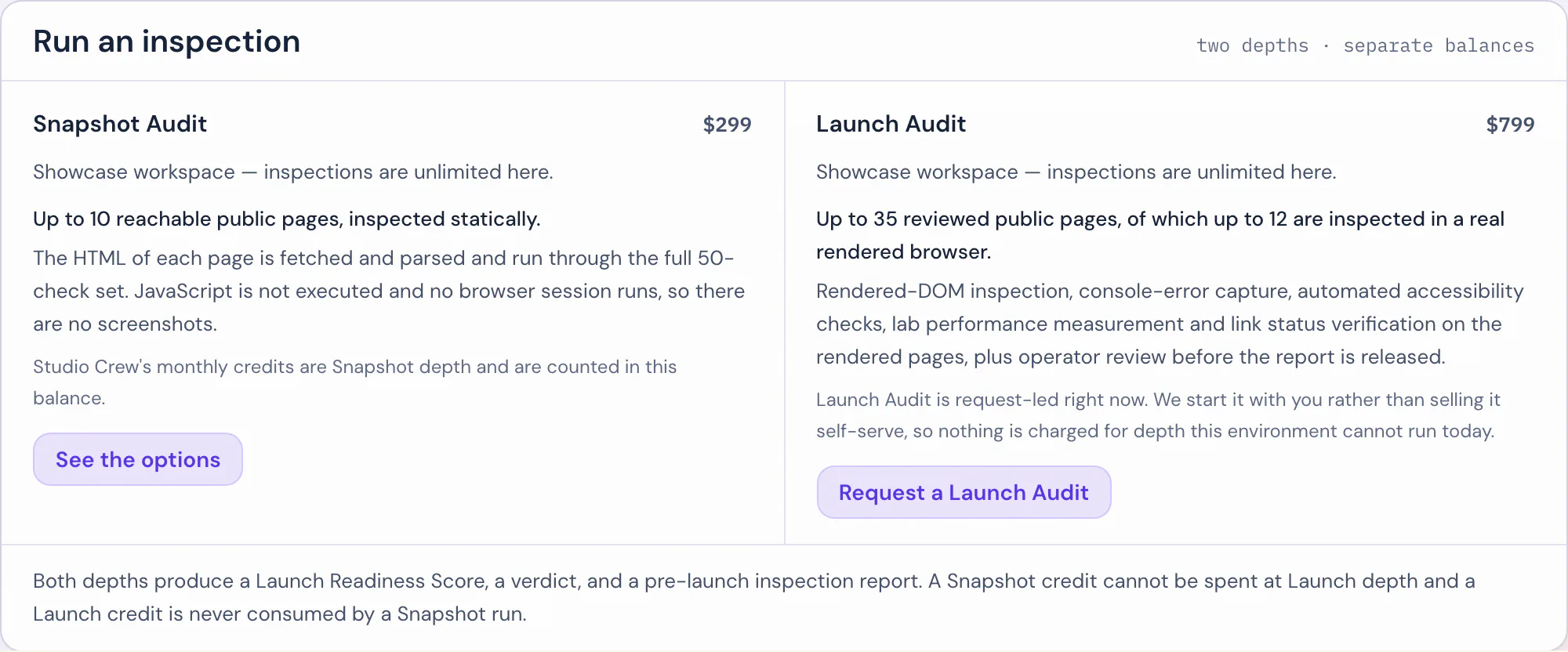 The audit-selection modal over a project, pricing both audit depths alongside the agency plans.