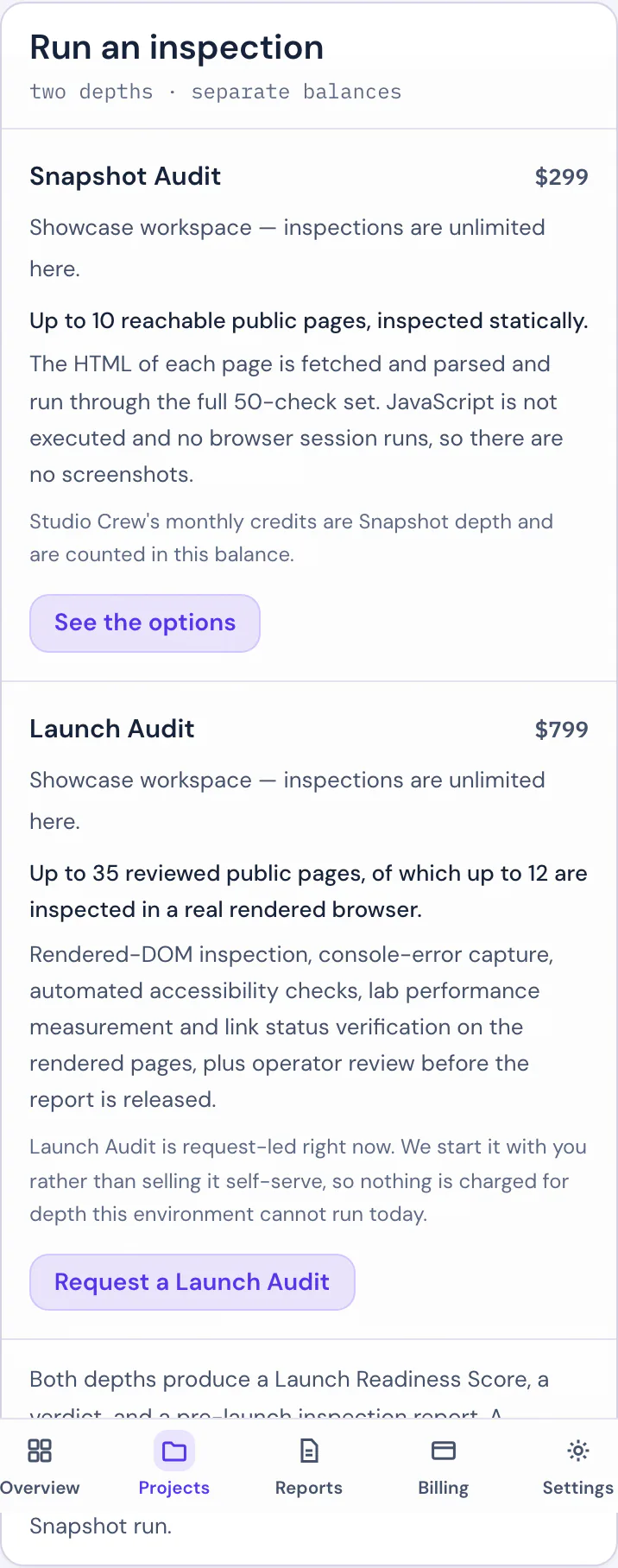 Mobile close-up of the audit chooser.