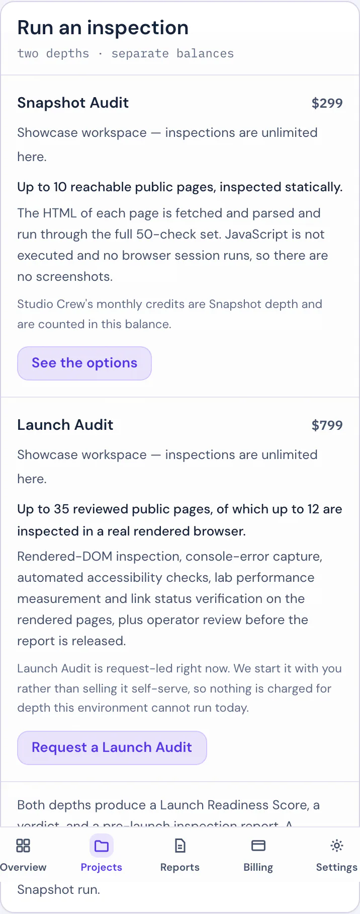 Mobile close-up of the audit-selection modal.