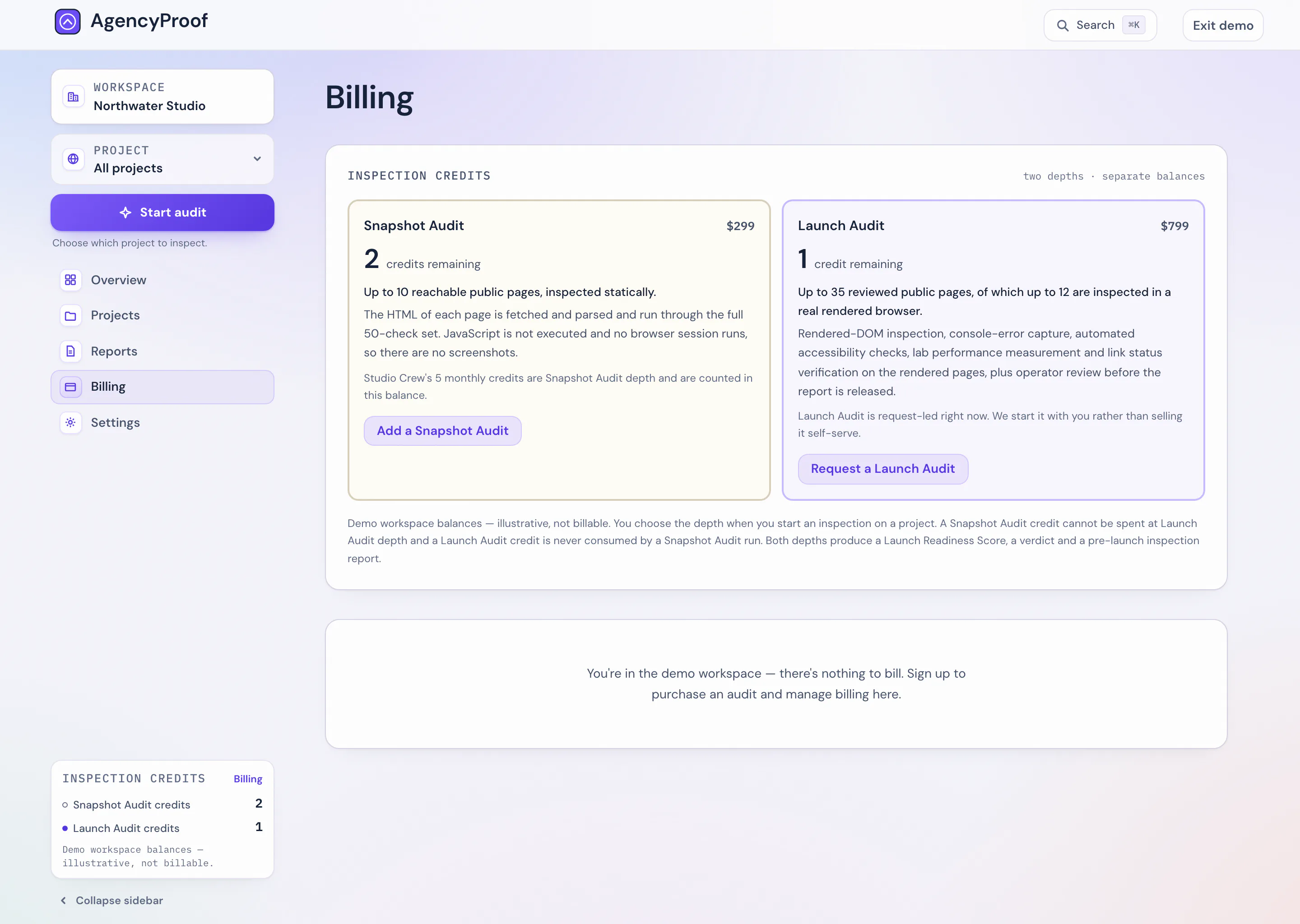 The billing view: plan state and the two typed credit pools, Snapshot and Launch, listed separately.