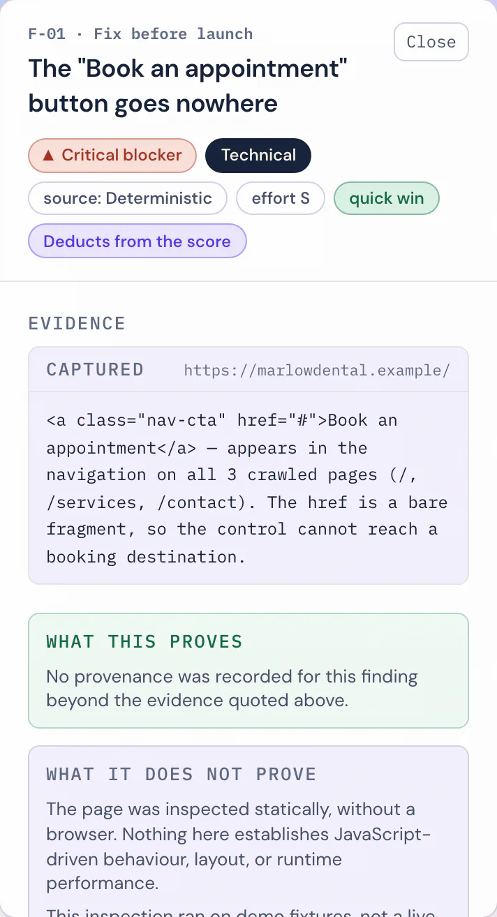 Mobile close-up of the finding detail panel: the observation, the recommended fix and the affected URL.