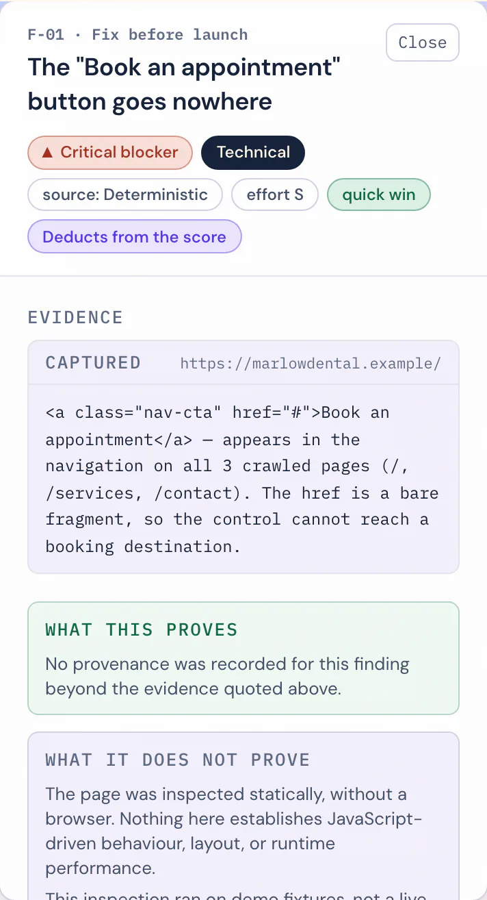 Mobile close-up of a single finding card with its recommended fix and affected URL.