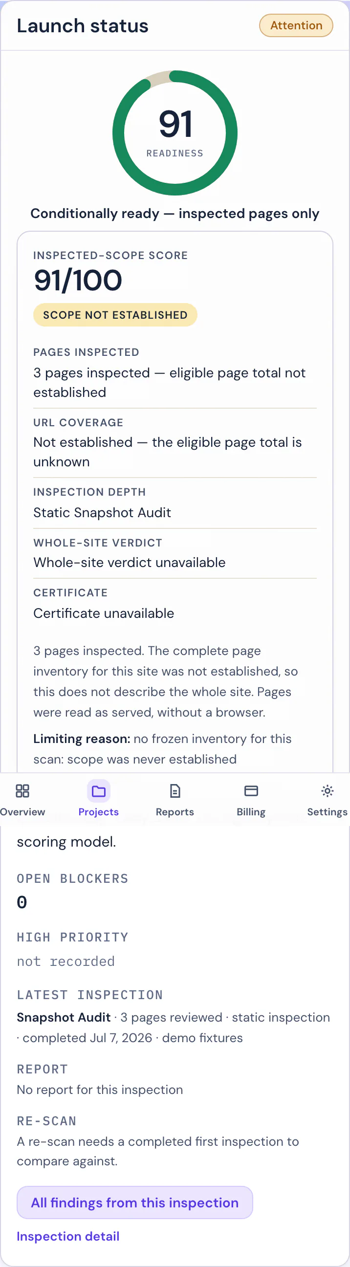 Mobile close-up of a project's open-issues card, with critical and high counts and findings on record.