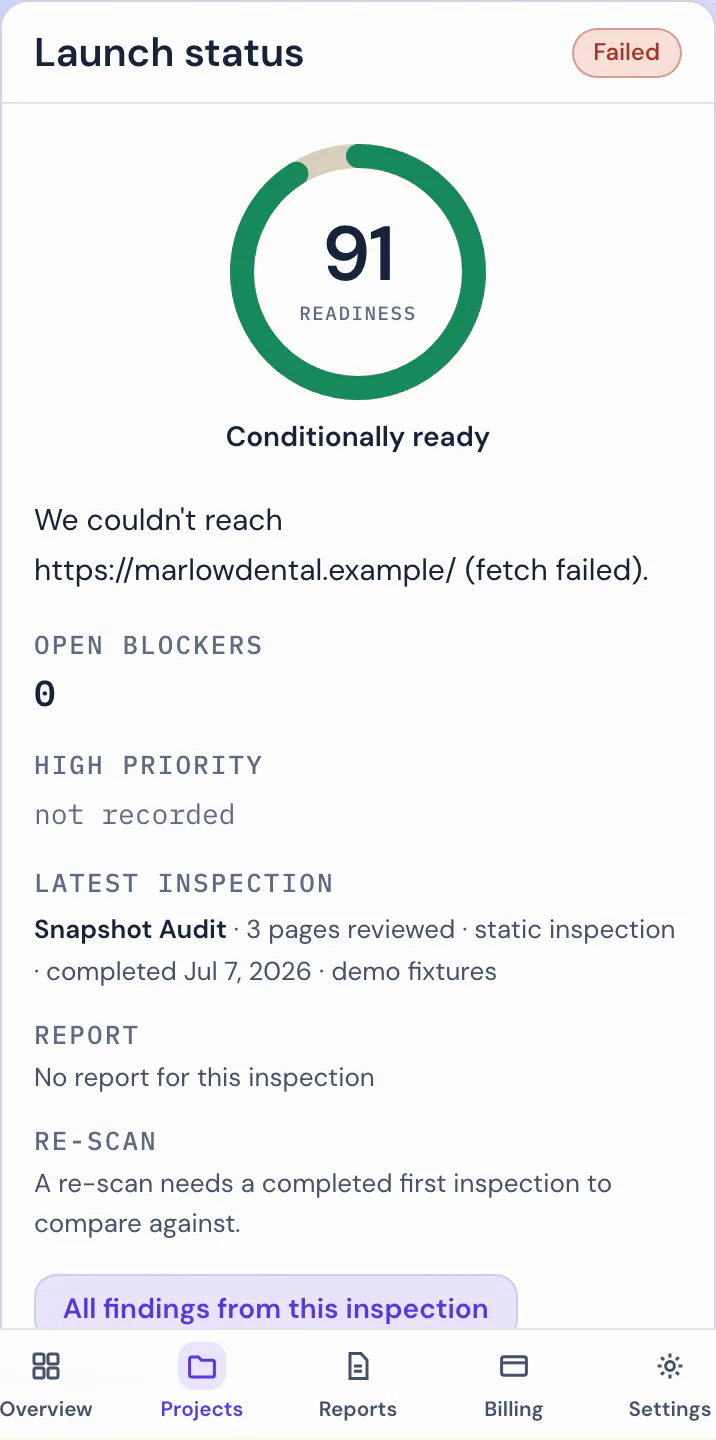 Mobile close-up of a project's open-issues card, with critical and high counts and findings on record.