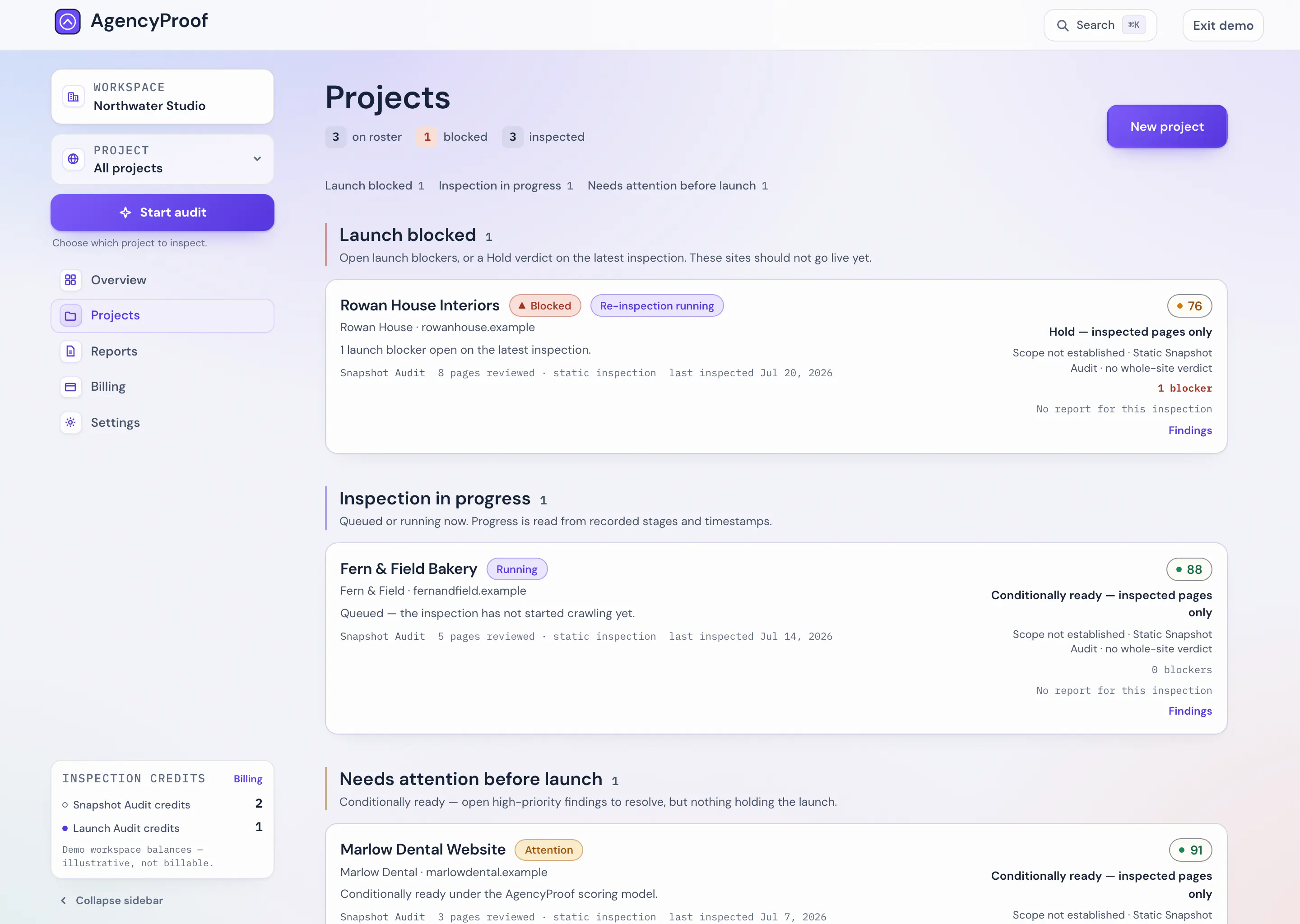 The projects roster: three client projects listed side by side, each with its own scan state and verdict.