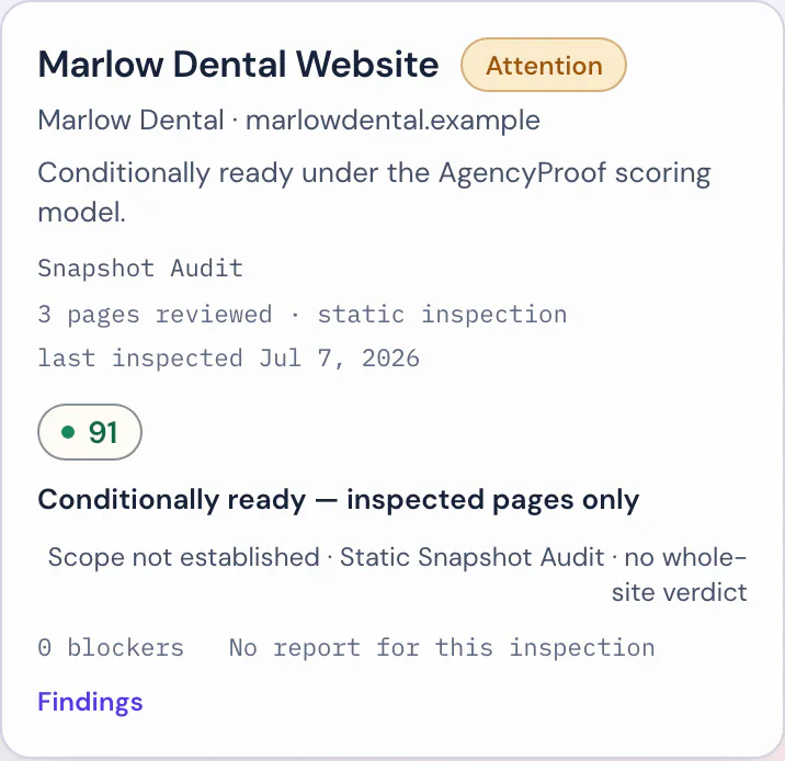 Mobile close-up of a single project card carrying its own readiness score and verdict.