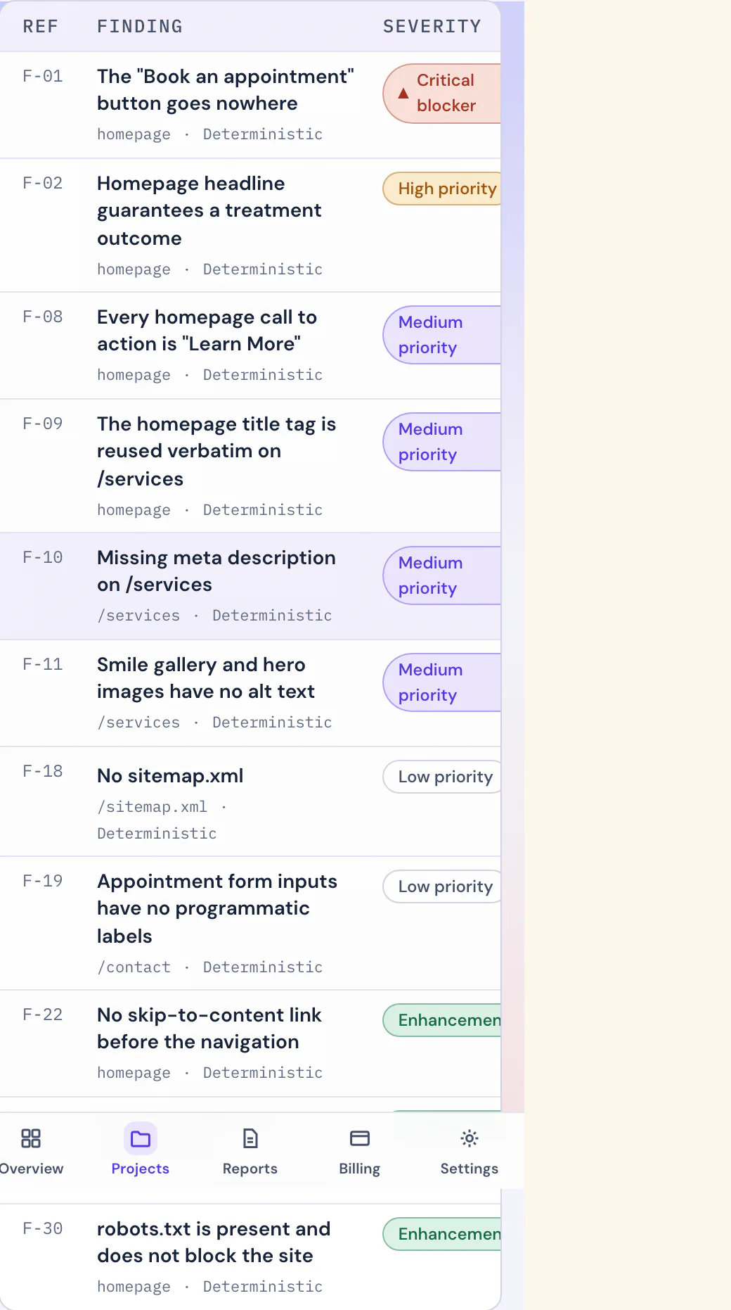 Mobile close-up of the quick-wins panel: five prioritized fixes with a projected score.