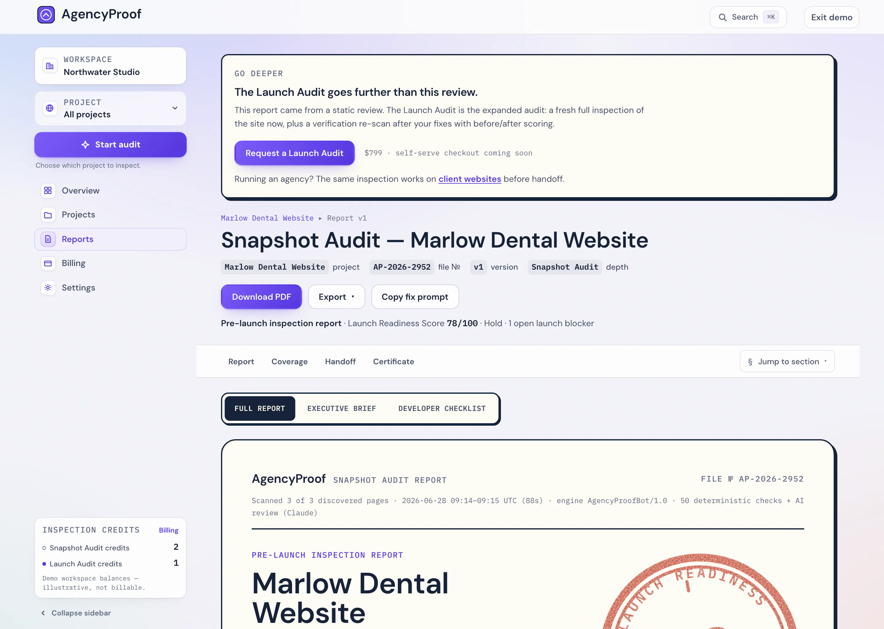 The report workspace showing a report's executive summary and its preview unlock state.