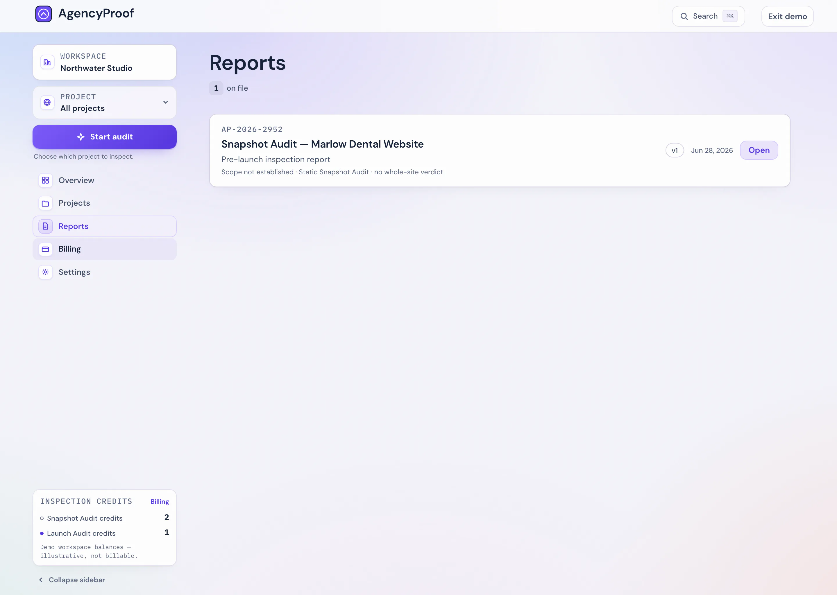 The reports library with a filed report carrying its file number, version and review-depth chips.