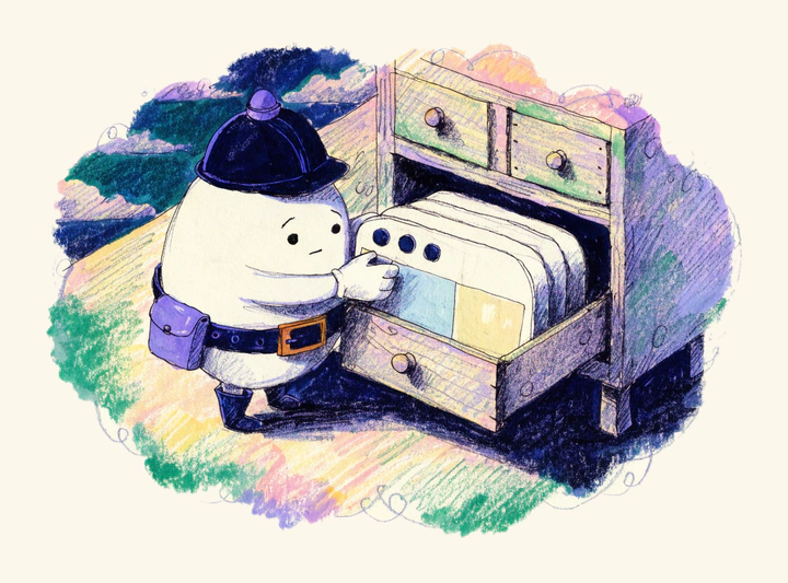 Inspector Dot slides a browser evidence plate into an open wooden drawer that already holds a neat row of plates.