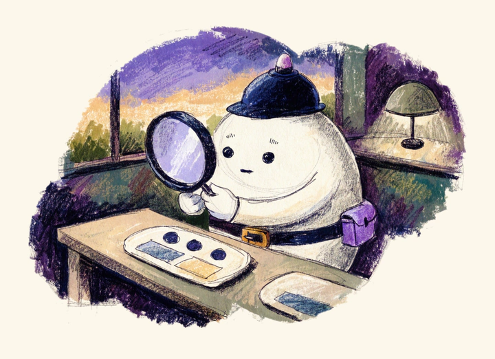 Inspector Dot holds a large round lens over a browser evidence plate on a wooden desk beside a small lamp.