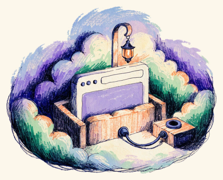 A small browser plate glides into a wooden intake dock lit by a hooked lantern; a route cable plugs into a node socket beside it.