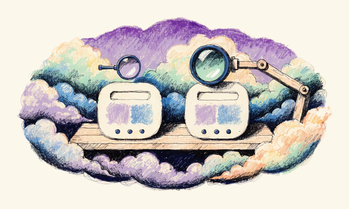 Two identical browser plates on a bench: a small hand magnifier hovers over one, a large rig-mounted lens leans over the other.