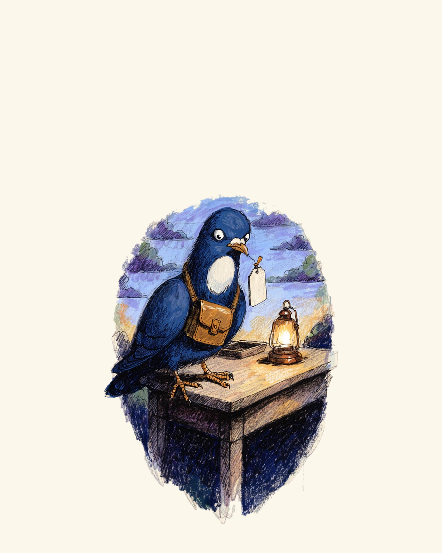 Pixel Pigeon lands on a desk edge holding a blank ivory tag in its beak, lit by a small desk lantern.