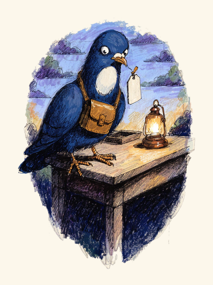 Pixel Pigeon lands on a desk edge holding a blank ivory tag in its beak, lit by a small desk lantern.