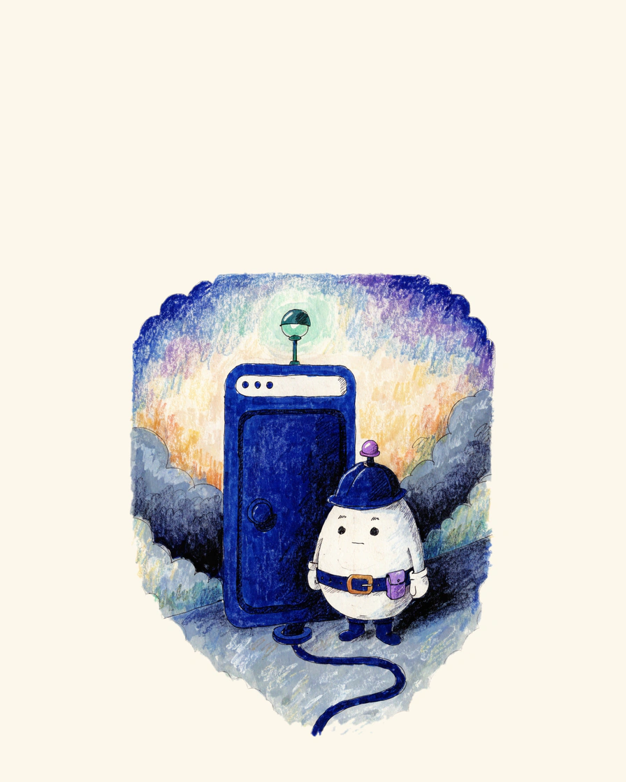 Inspector Dot stands calmly beside a closed navy vault door drawn as a browser window, a green checkpoint lamp glowing above it.