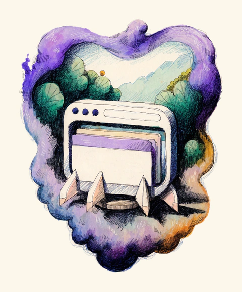 A browser-window craft with tail fins rests on a painted cloud among trees.