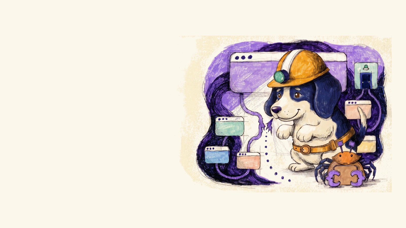 A crawl map of browser-window pages connected by routes. One route is torn apart, spilling data dots, and a dog in a hard hat inspects the severed ends.
