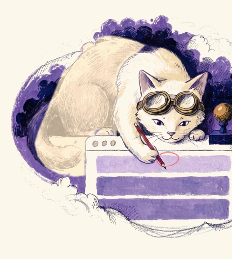 A cat in brass goggles leans over a page of claim rows, circling one claim with a red pencil.
