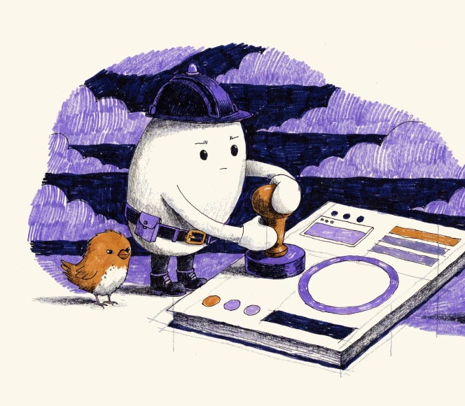 Inspector Dot stamps the verdict on a large report while the Launch Canary watches; the report carries an empty score ring.