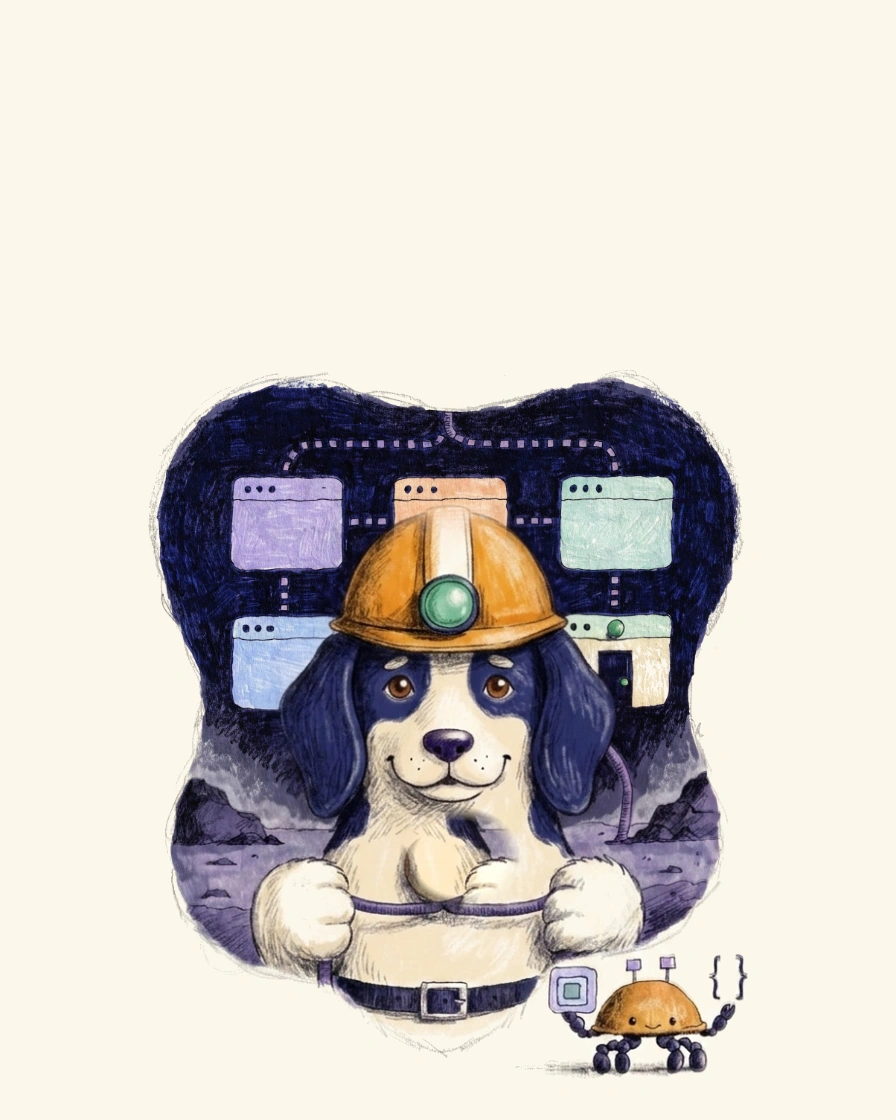 Link Hound, lamp centred on the front of the hardhat brim, stands beneath an intact five-node site map; Schema Crab works nearby.