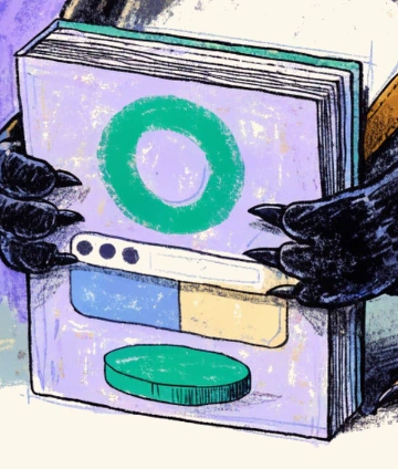 Close view of the audit folio in the pigeon's claws: empty green score ring, browser evidence plate, green seal.