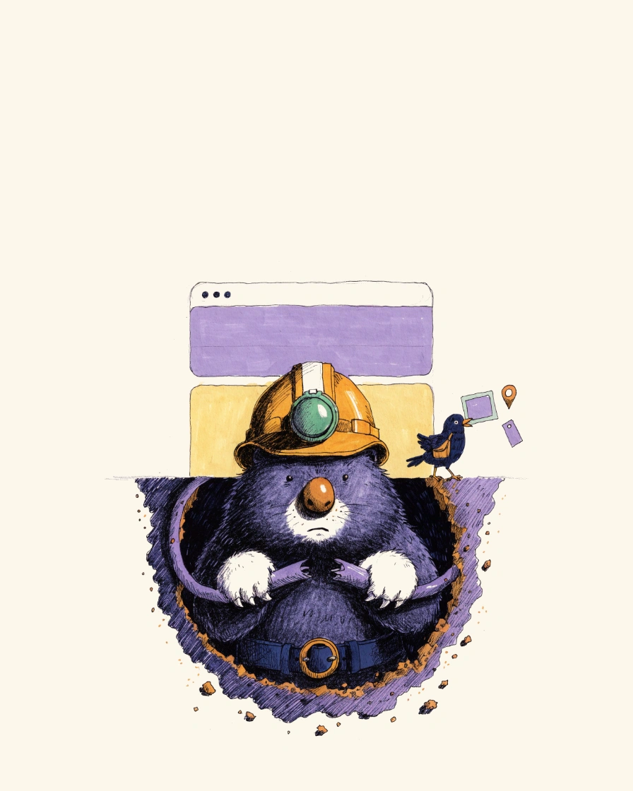 Link Mole follows unbroken cable runs through the tunnel while Pixel Pigeon watches.